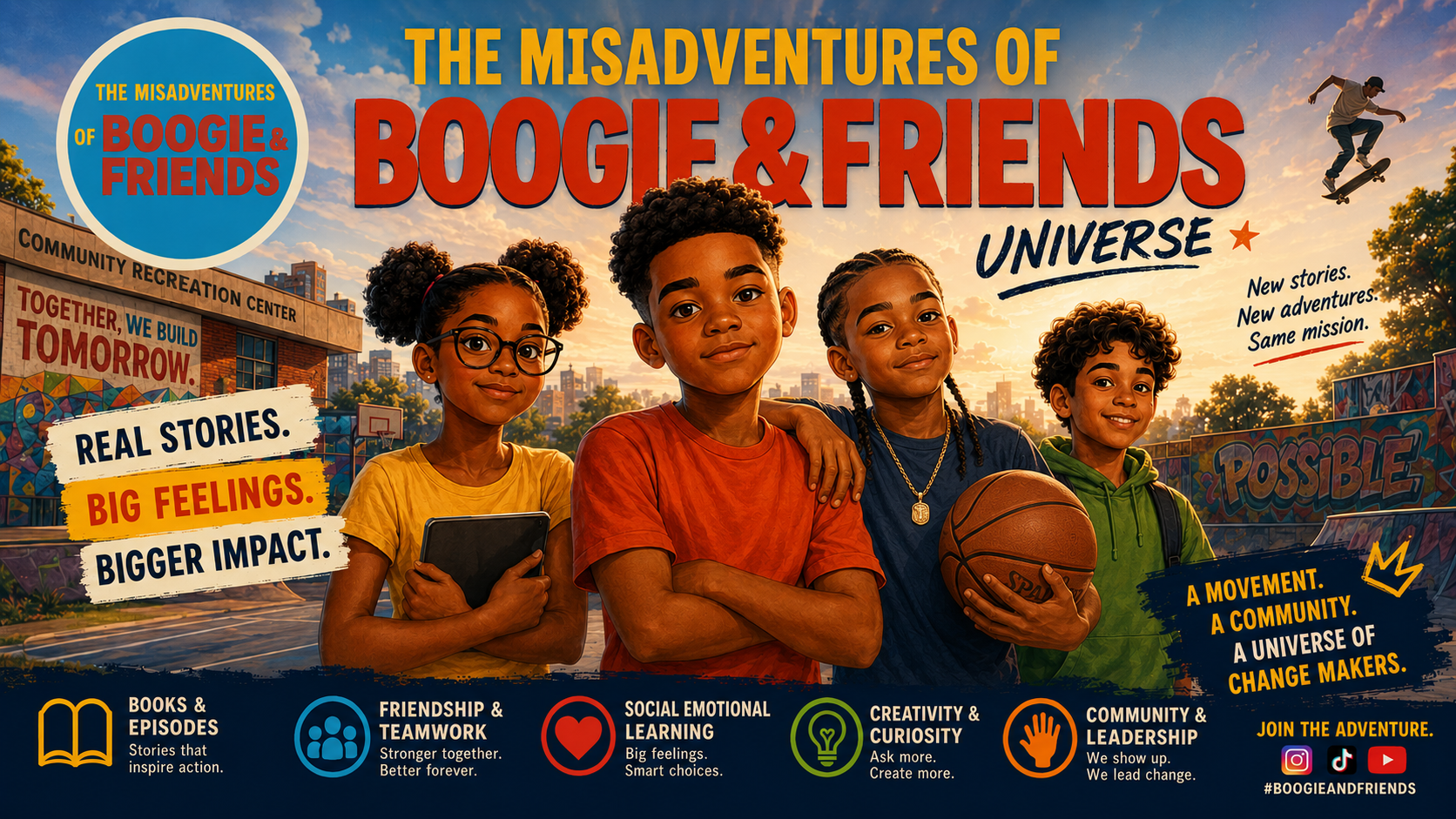 The Misadventures of Boogie and Friends Universe banner featuring Boogie, Bean Bean, friends, and a community recreation center.
