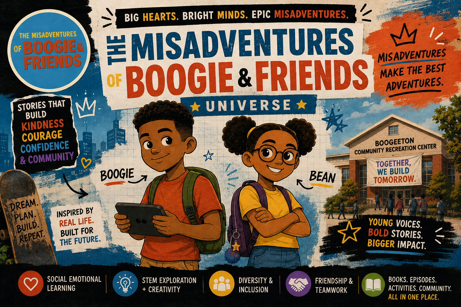 The Misadventures of Boogie and Friends Universe banner with Boogie, Bean, community center, and themes of kindness, courage, confidence, and community.