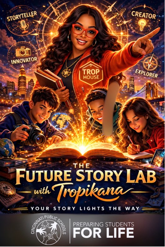 Future Story Lab with Tropikana illustrated poster showing students creating media and stories.
