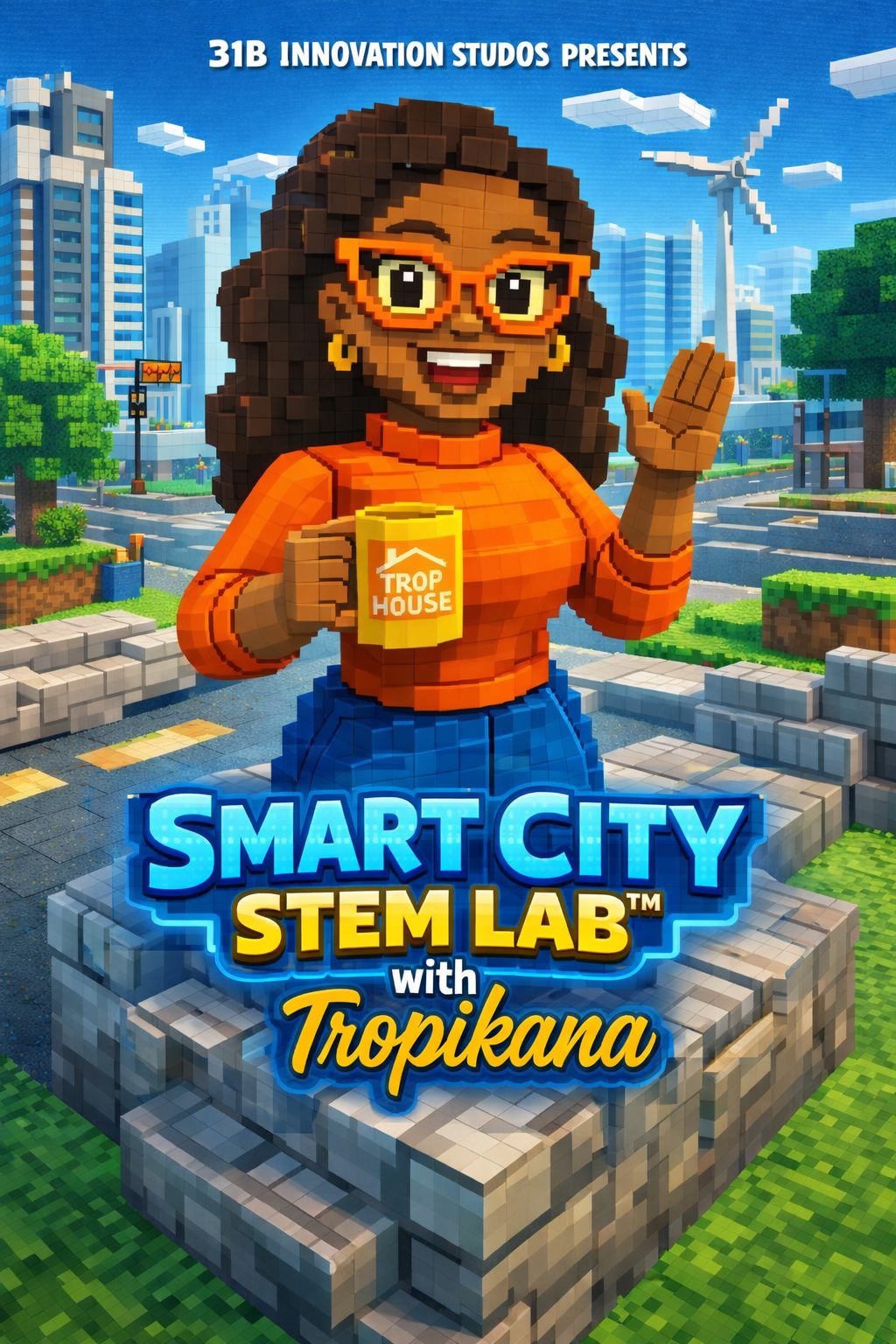 Smart City STEM Lab with Tropikana illustrated Minecraft-inspired poster.