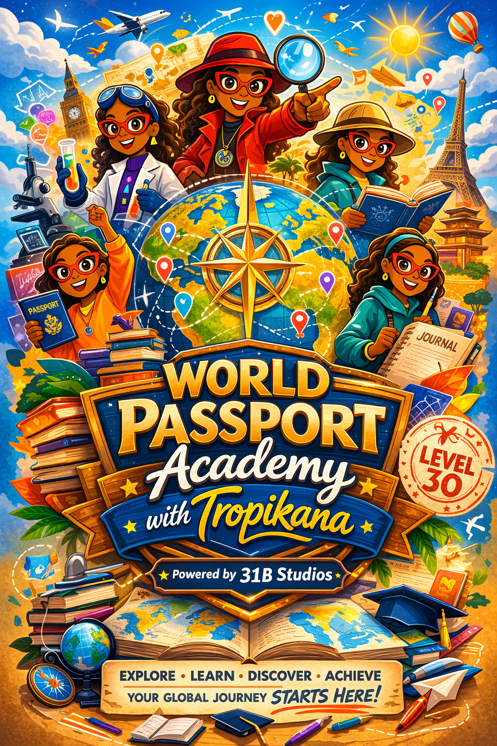 World Passport Academy with Tropikana illustrated poster showing a global learning adventure.