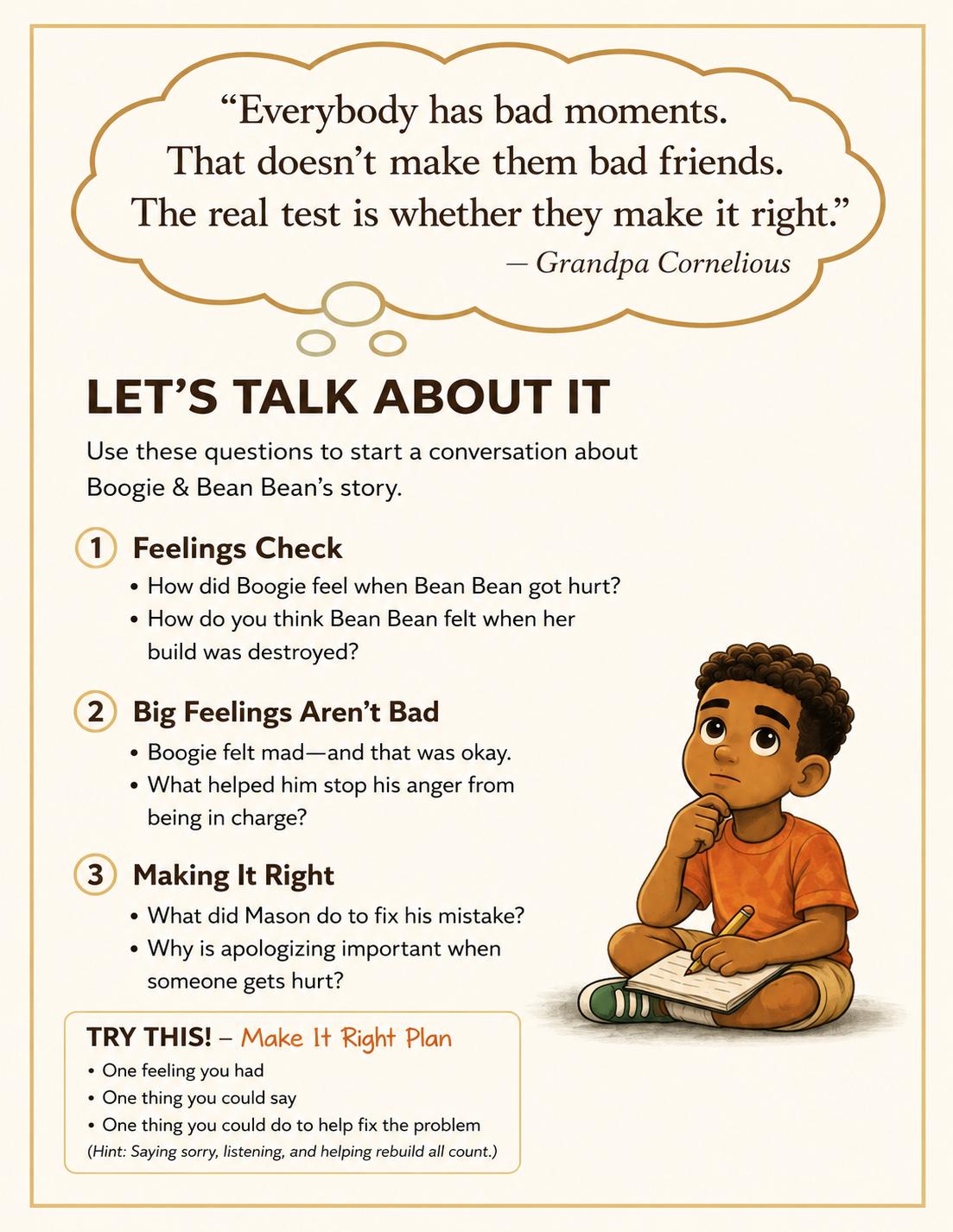 Make It Right Plan activity page with questions about feelings, apologizing, and fixing mistakes.